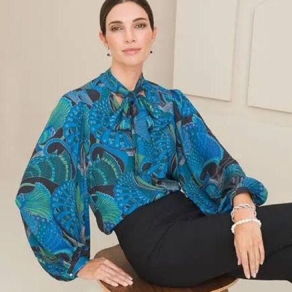 Chicos Peacock Blouse Tie Neck Balloon Statement Sleeve Silky Satin Size 3 16/18 - Picture 1 of 10
